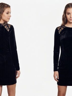 Black Velvet Long-Sleeve Dress with Sequin Shoulder Detail